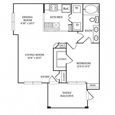 Floor plan for 1 bed, 1 bath, 783 sqft